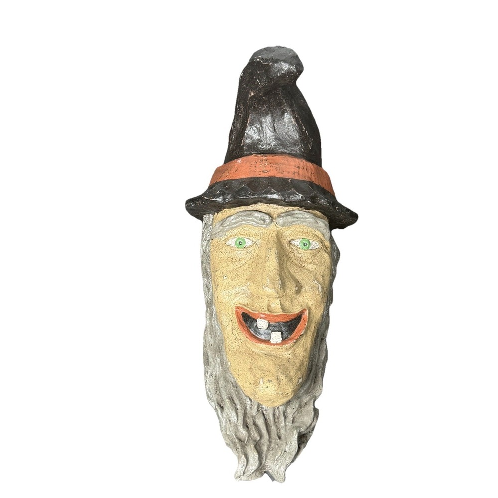 Vintage Halloween Paper Mache Witch Wall Hanging Mask 13" Spooky Decor